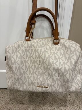 Michael Kors Vanilla Logo Satchel with Acorn Brown Trim